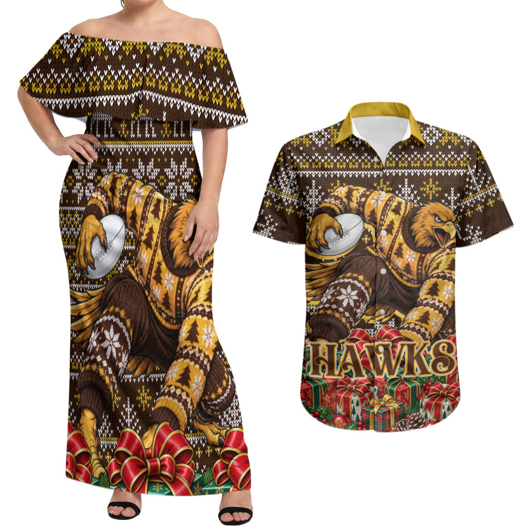 Personalized Hawks Football Christmas Couples Matching Off Shoulder Maxi Dress and Hawaiian Shirt Australian Football Mascot - Ugly Xmas Pattern Festive