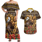 Personalized Hawks Football Christmas Couples Matching Off Shoulder Maxi Dress and Hawaiian Shirt Australian Football Mascot - Ugly Xmas Pattern Festive