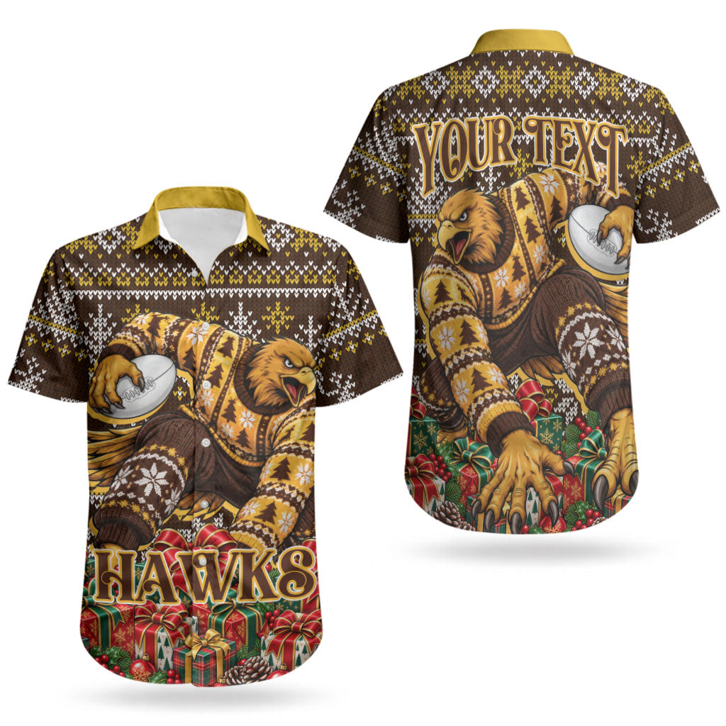 Personalized Hawks Football Christmas Couples Matching Off Shoulder Maxi Dress and Hawaiian Shirt Australian Football Mascot - Ugly Xmas Pattern Festive