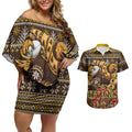 Personalized Hawks Football Christmas Couples Matching Off Shoulder Short Dress and Hawaiian Shirt Australian Football Mascot - Ugly Xmas Pattern Festive