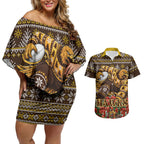 Personalized Hawks Football Christmas Couples Matching Off Shoulder Short Dress and Hawaiian Shirt Australian Football Mascot - Ugly Xmas Pattern Festive