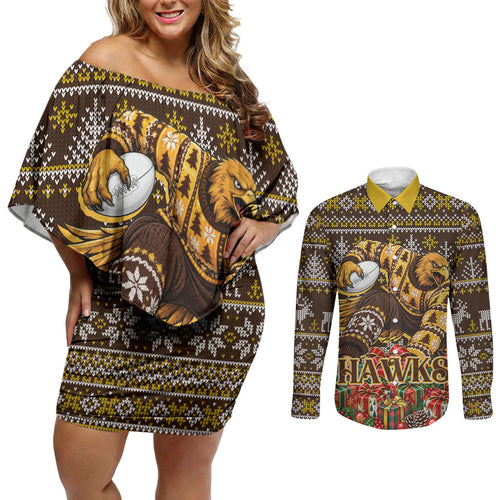 Personalized Hawks Football Christmas Couples Matching Off Shoulder Short Dress and Long Sleeve Button Shirt Australian Football Mascot - Ugly Xmas Pattern Festive