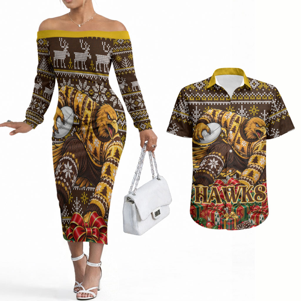 Personalized Hawks Football Christmas Couples Matching Off The Shoulder Long Sleeve Dress and Hawaiian Shirt Australian Football Mascot - Ugly Xmas Pattern Festive