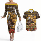 Personalized Hawks Football Christmas Couples Matching Off The Shoulder Long Sleeve Dress and Hawaiian Shirt Australian Football Mascot - Ugly Xmas Pattern Festive