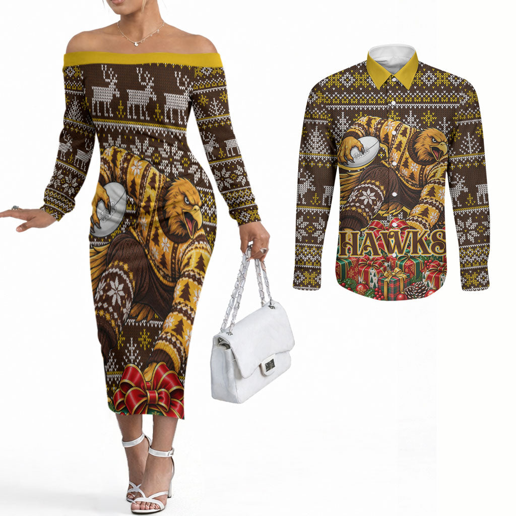 Personalized Hawks Football Christmas Couples Matching Off The Shoulder Long Sleeve Dress and Long Sleeve Button Shirt Australian Football Mascot - Ugly Xmas Pattern Festive