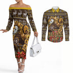Personalized Hawks Football Christmas Couples Matching Off The Shoulder Long Sleeve Dress and Long Sleeve Button Shirt Australian Football Mascot - Ugly Xmas Pattern Festive