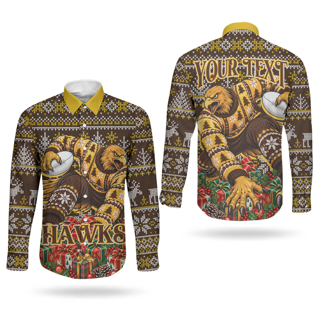Personalized Hawks Football Christmas Couples Matching Off The Shoulder Long Sleeve Dress and Long Sleeve Button Shirt Australian Football Mascot - Ugly Xmas Pattern Festive