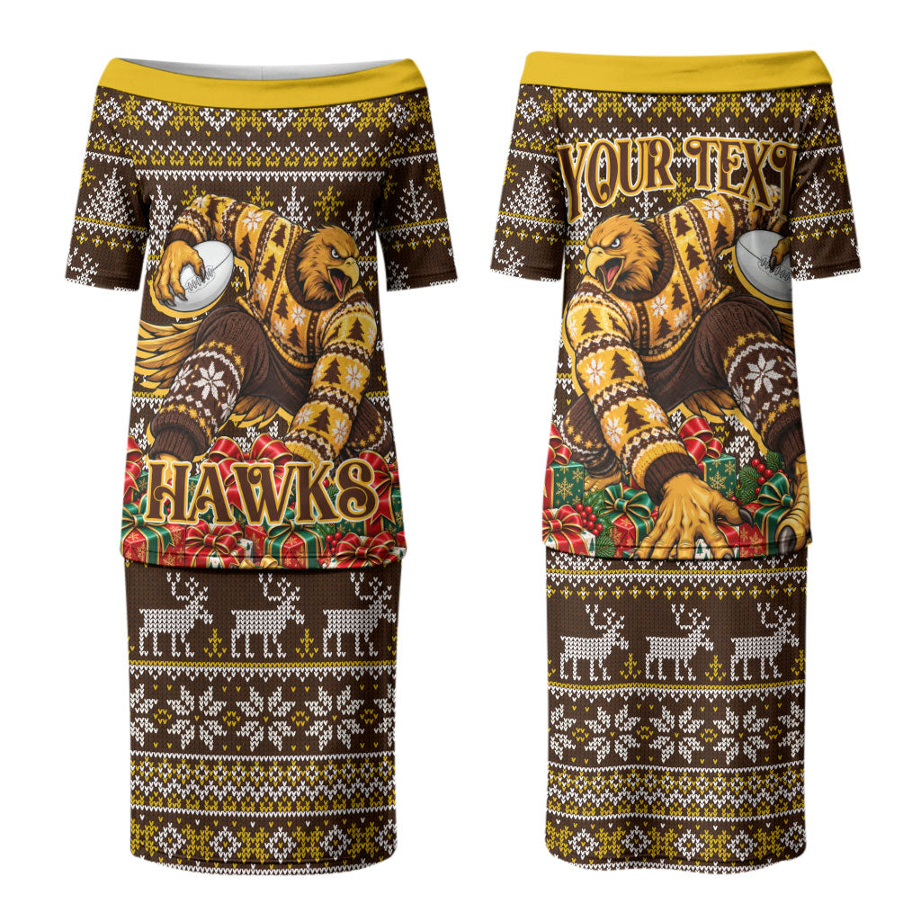 Personalized Hawks Football Christmas Couples Matching Puletasi and Hawaiian Shirt Australian Football Mascot - Ugly Xmas Pattern Festive