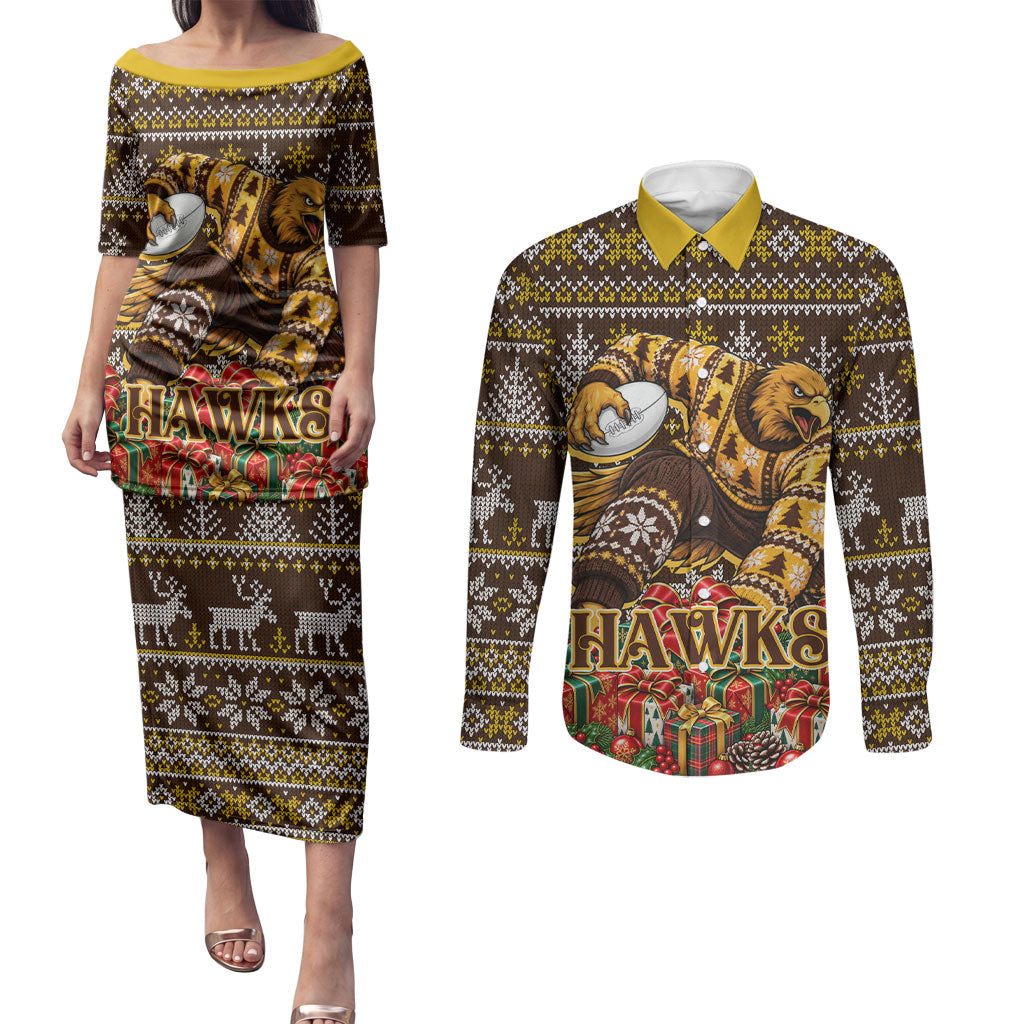Personalized Hawks Football Christmas Couples Matching Puletasi and Long Sleeve Button Shirt Australian Football Mascot - Ugly Xmas Pattern Festive