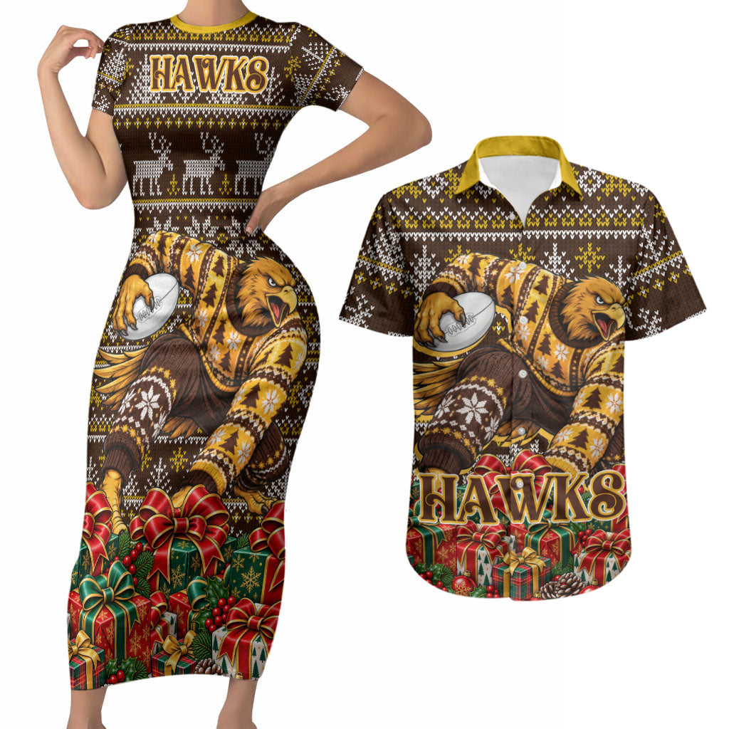 Personalized Hawks Football Christmas Couples Matching Short Sleeve Bodycon Dress and Hawaiian Shirt Australian Football Mascot - Ugly Xmas Pattern Festive