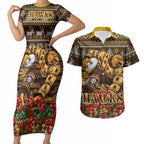 Personalized Hawks Football Christmas Couples Matching Short Sleeve Bodycon Dress and Hawaiian Shirt Australian Football Mascot - Ugly Xmas Pattern Festive