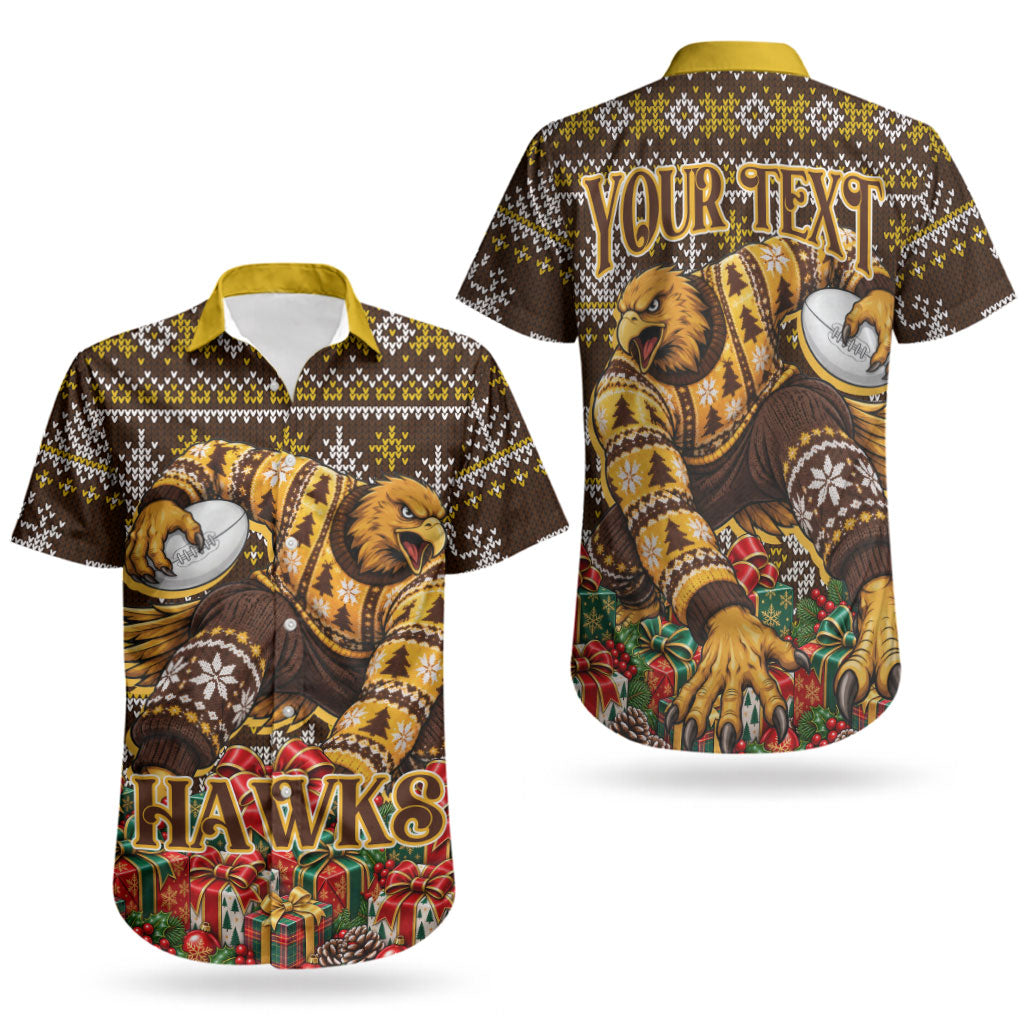 Personalized Hawks Football Christmas Couples Matching Short Sleeve Bodycon Dress and Hawaiian Shirt Australian Football Mascot - Ugly Xmas Pattern Festive