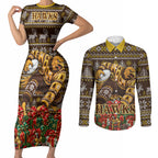 Personalized Hawks Football Christmas Couples Matching Short Sleeve Bodycon Dress and Long Sleeve Button Shirt Australian Football Mascot - Ugly Xmas Pattern Festive