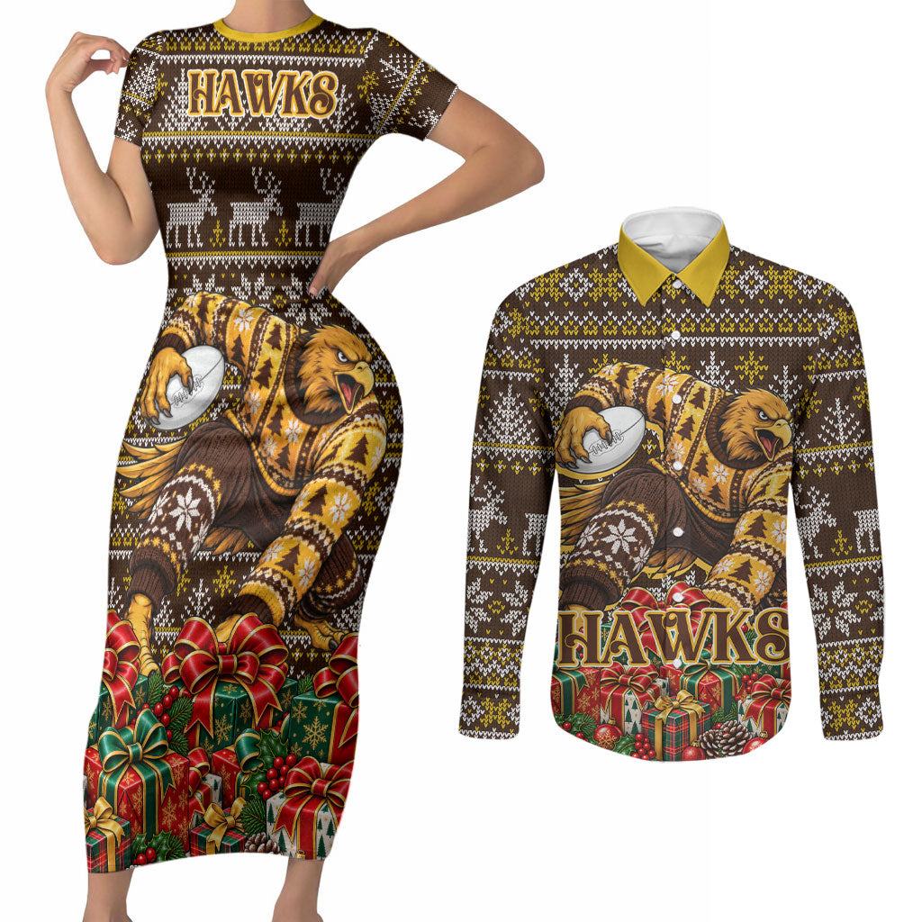 Personalized Hawks Football Christmas Couples Matching Short Sleeve Bodycon Dress and Long Sleeve Button Shirt Australian Football Mascot - Ugly Xmas Pattern Festive