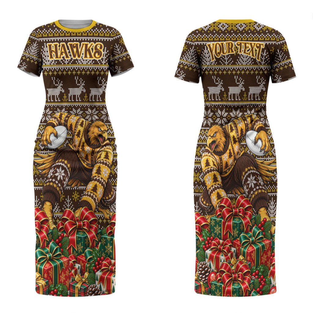 Personalized Hawks Football Christmas Couples Matching Short Sleeve Bodycon Dress and Long Sleeve Button Shirt Australian Football Mascot - Ugly Xmas Pattern Festive