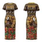 Personalized Hawks Football Christmas Couples Matching Short Sleeve Bodycon Dress and Long Sleeve Button Shirt Australian Football Mascot - Ugly Xmas Pattern Festive