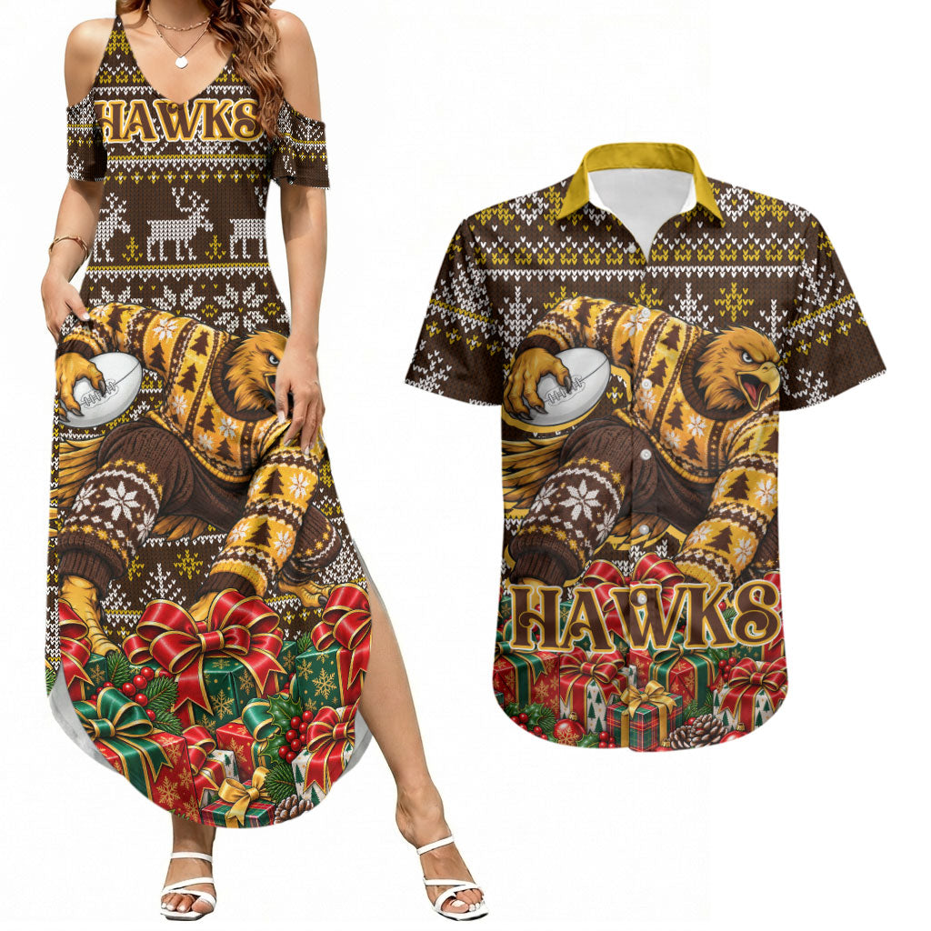Personalized Hawks Football Christmas Couples Matching Summer Maxi Dress and Hawaiian Shirt Australian Football Mascot - Ugly Xmas Pattern Festive