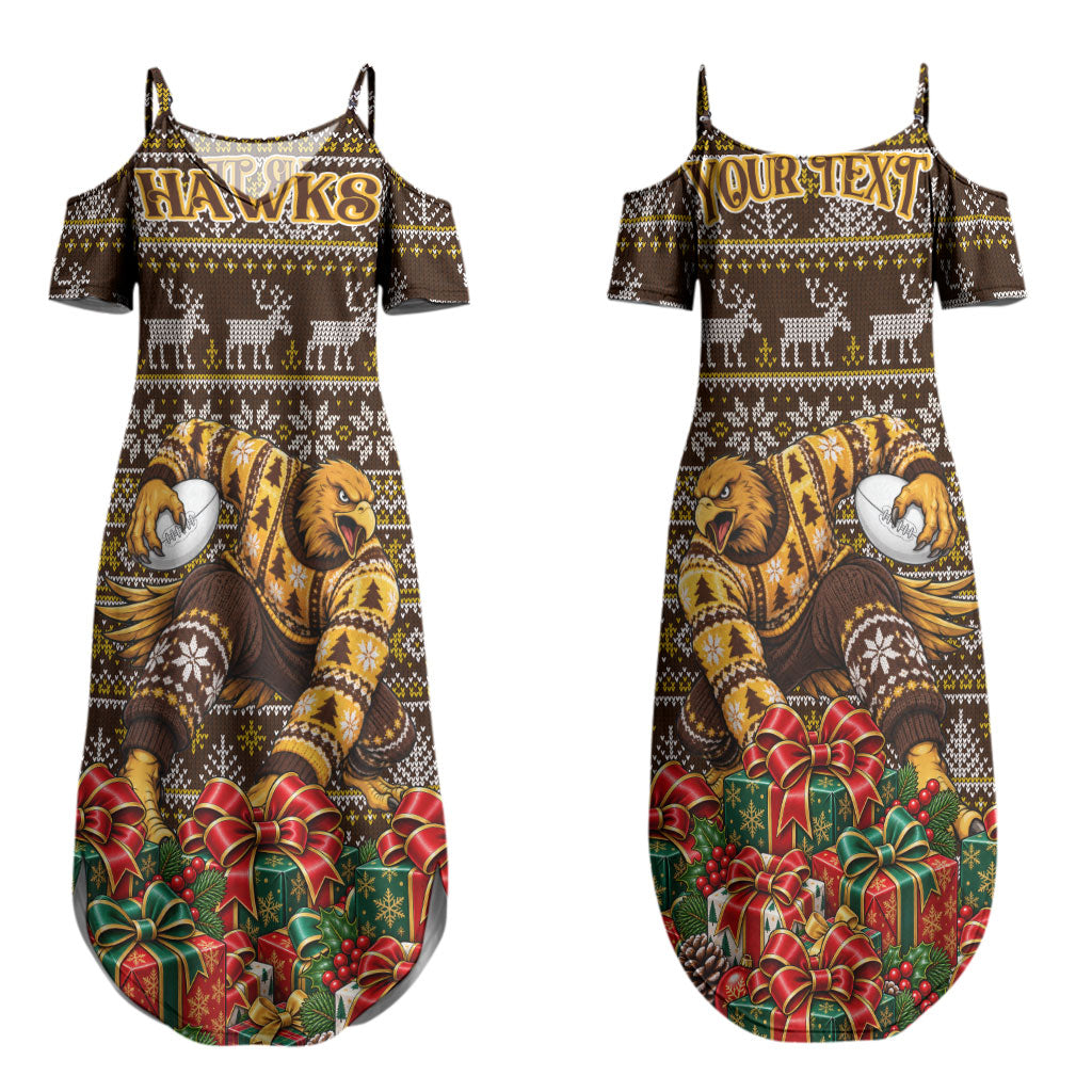 Personalized Hawks Football Christmas Couples Matching Summer Maxi Dress and Hawaiian Shirt Australian Football Mascot - Ugly Xmas Pattern Festive
