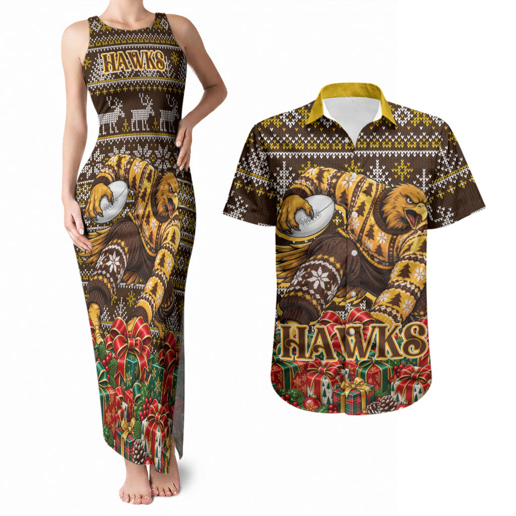 Personalized Hawks Football Christmas Couples Matching Tank Maxi Dress and Hawaiian Shirt Australian Football Mascot - Ugly Xmas Pattern Festive