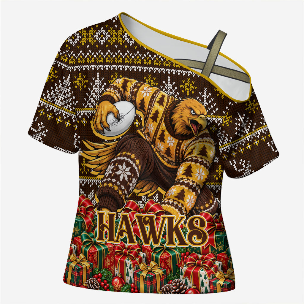 Personalized Hawks Football Christmas Cross Shoulder Shirt Australian Football Mascot - Ugly Xmas Pattern Festive