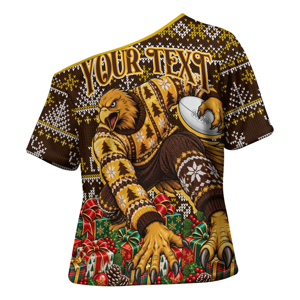 Personalized Hawks Football Christmas Cross Shoulder Shirt Australian Football Mascot - Ugly Xmas Pattern Festive