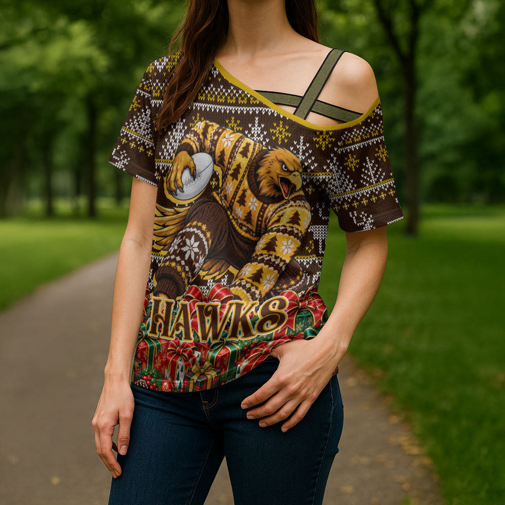 Personalized Hawks Football Christmas Cross Shoulder Shirt Australian Football Mascot - Ugly Xmas Pattern Festive