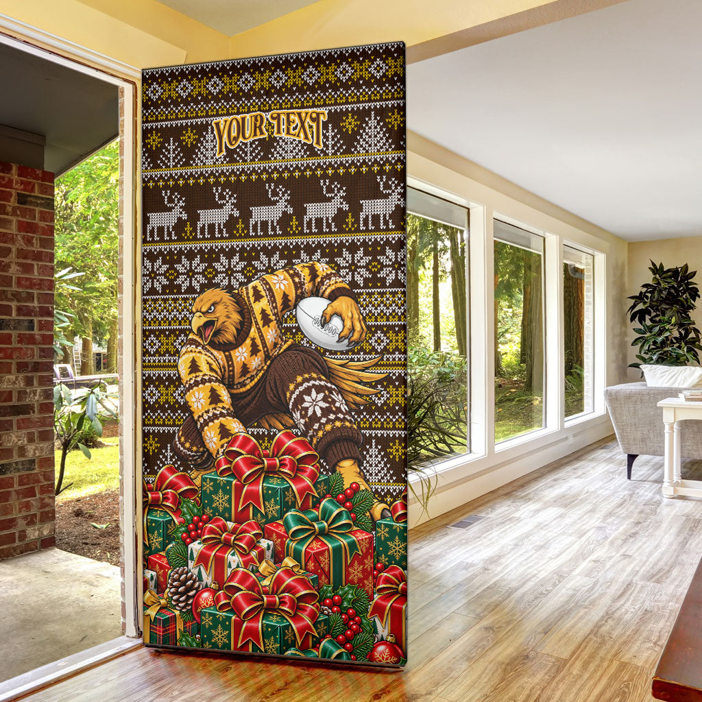 Personalized Hawks Football Christmas Door Cover Australian Football Mascot - Ugly Xmas Pattern Festive