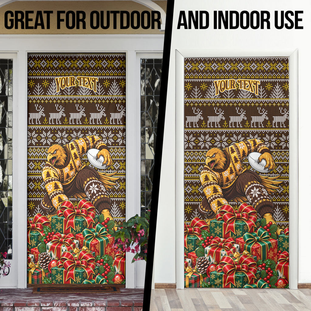 Personalized Hawks Football Christmas Door Cover Australian Football Mascot - Ugly Xmas Pattern Festive