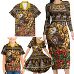 Personalized Hawks Football Christmas Family Matching Long Sleeve Bodycon Dress and Hawaiian Shirt Australian Football Mascot - Ugly Xmas Pattern Festive