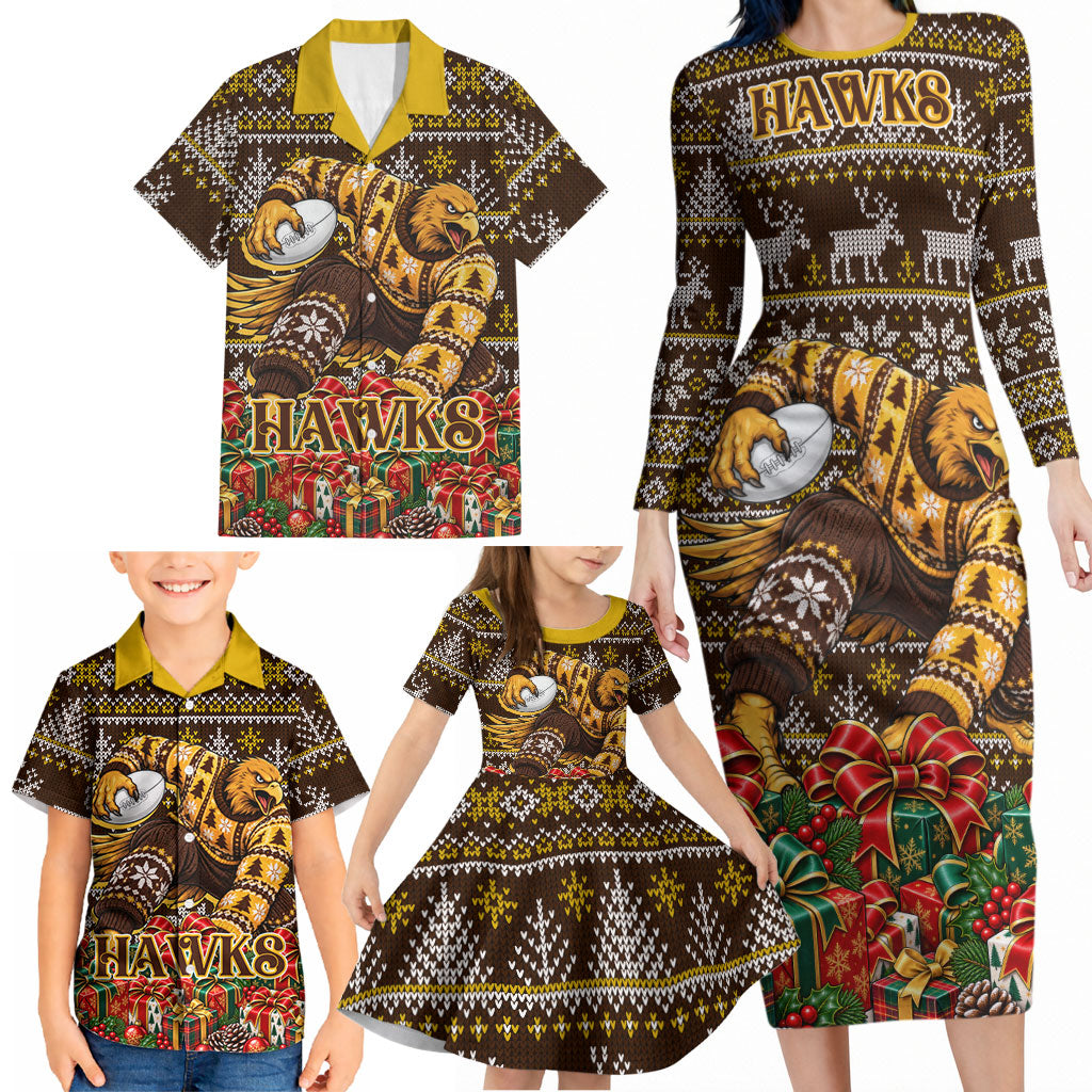 Personalized Hawks Football Christmas Family Matching Long Sleeve Bodycon Dress and Hawaiian Shirt Australian Football Mascot - Ugly Xmas Pattern Festive