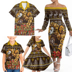 Personalized Hawks Football Christmas Family Matching Off The Shoulder Long Sleeve Dress and Hawaiian Shirt Australian Football Mascot - Ugly Xmas Pattern Festive