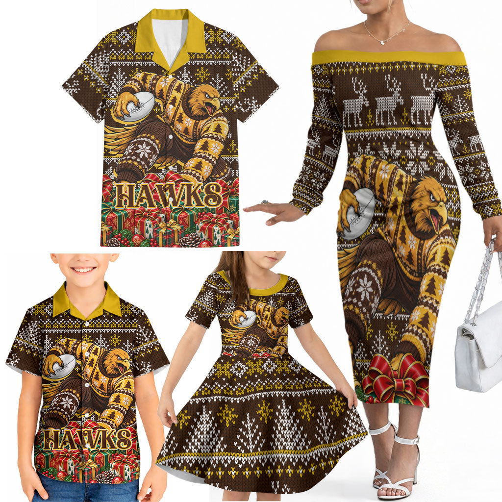 Personalized Hawks Football Christmas Family Matching Off The Shoulder Long Sleeve Dress and Hawaiian Shirt Australian Football Mascot - Ugly Xmas Pattern Festive