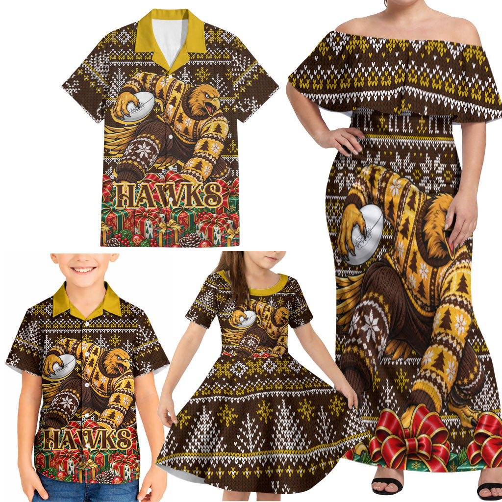 Personalized Hawks Football Christmas Family Matching Off Shoulder Maxi Dress and Hawaiian Shirt Australian Football Mascot - Ugly Xmas Pattern Festive