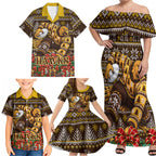 Personalized Hawks Football Christmas Family Matching Off Shoulder Maxi Dress and Hawaiian Shirt Australian Football Mascot - Ugly Xmas Pattern Festive