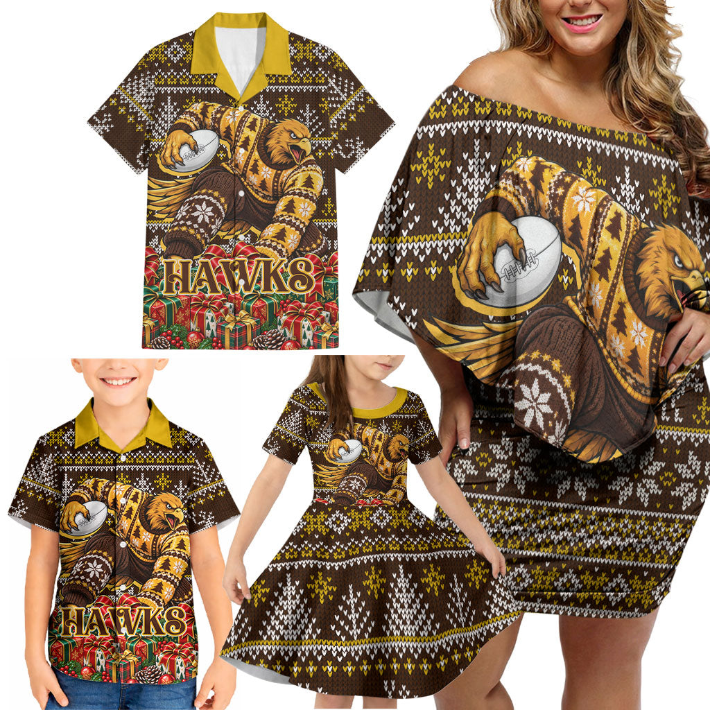 Personalized Hawks Football Christmas Family Matching Off Shoulder Short Dress and Hawaiian Shirt Australian Football Mascot - Ugly Xmas Pattern Festive