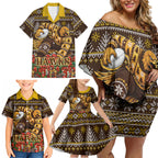 Personalized Hawks Football Christmas Family Matching Off Shoulder Short Dress and Hawaiian Shirt Australian Football Mascot - Ugly Xmas Pattern Festive