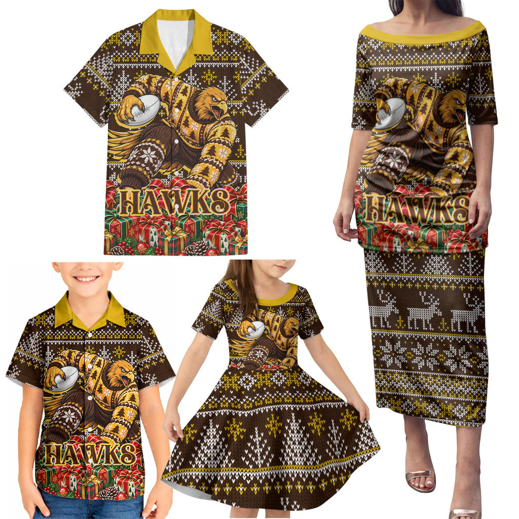 Personalized Hawks Football Christmas Family Matching Puletasi and Hawaiian Shirt Australian Football Mascot - Ugly Xmas Pattern Festive