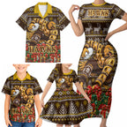 Personalized Hawks Football Christmas Family Matching Short Sleeve Bodycon Dress and Hawaiian Shirt Australian Football Mascot - Ugly Xmas Pattern Festive