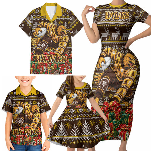 Personalized Hawks Football Christmas Family Matching Short Sleeve Bodycon Dress and Hawaiian Shirt Australian Football Mascot - Ugly Xmas Pattern Festive