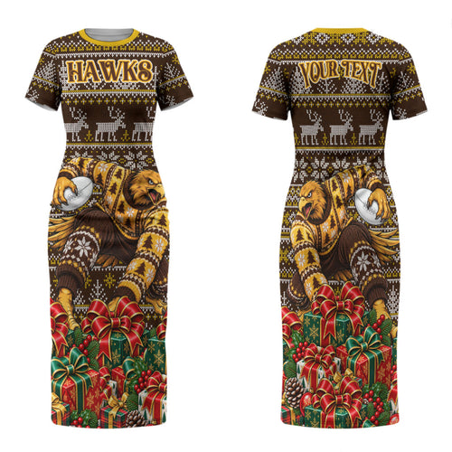Personalized Hawks Football Christmas Family Matching Short Sleeve Bodycon Dress and Hawaiian Shirt Australian Football Mascot - Ugly Xmas Pattern Festive