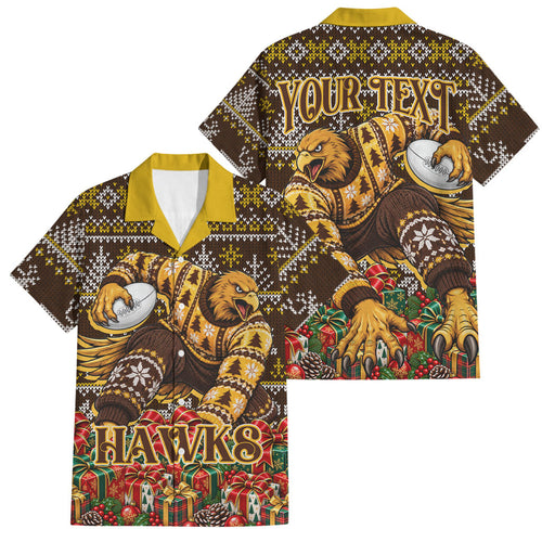 Personalized Hawks Football Christmas Family Matching Short Sleeve Bodycon Dress and Hawaiian Shirt Australian Football Mascot - Ugly Xmas Pattern Festive