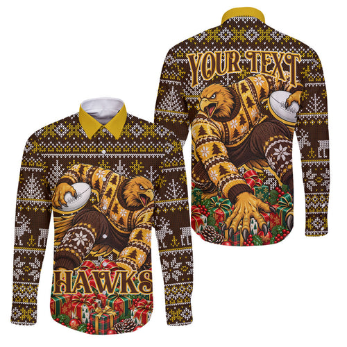 Personalized Hawks Football Christmas Family Matching Short Sleeve Bodycon Dress and Hawaiian Shirt Australian Football Mascot - Ugly Xmas Pattern Festive
