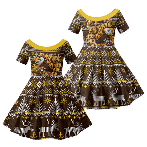 Personalized Hawks Football Christmas Family Matching Short Sleeve Bodycon Dress and Hawaiian Shirt Australian Football Mascot - Ugly Xmas Pattern Festive