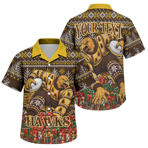Personalized Hawks Football Christmas Family Matching Short Sleeve Bodycon Dress and Hawaiian Shirt Australian Football Mascot - Ugly Xmas Pattern Festive
