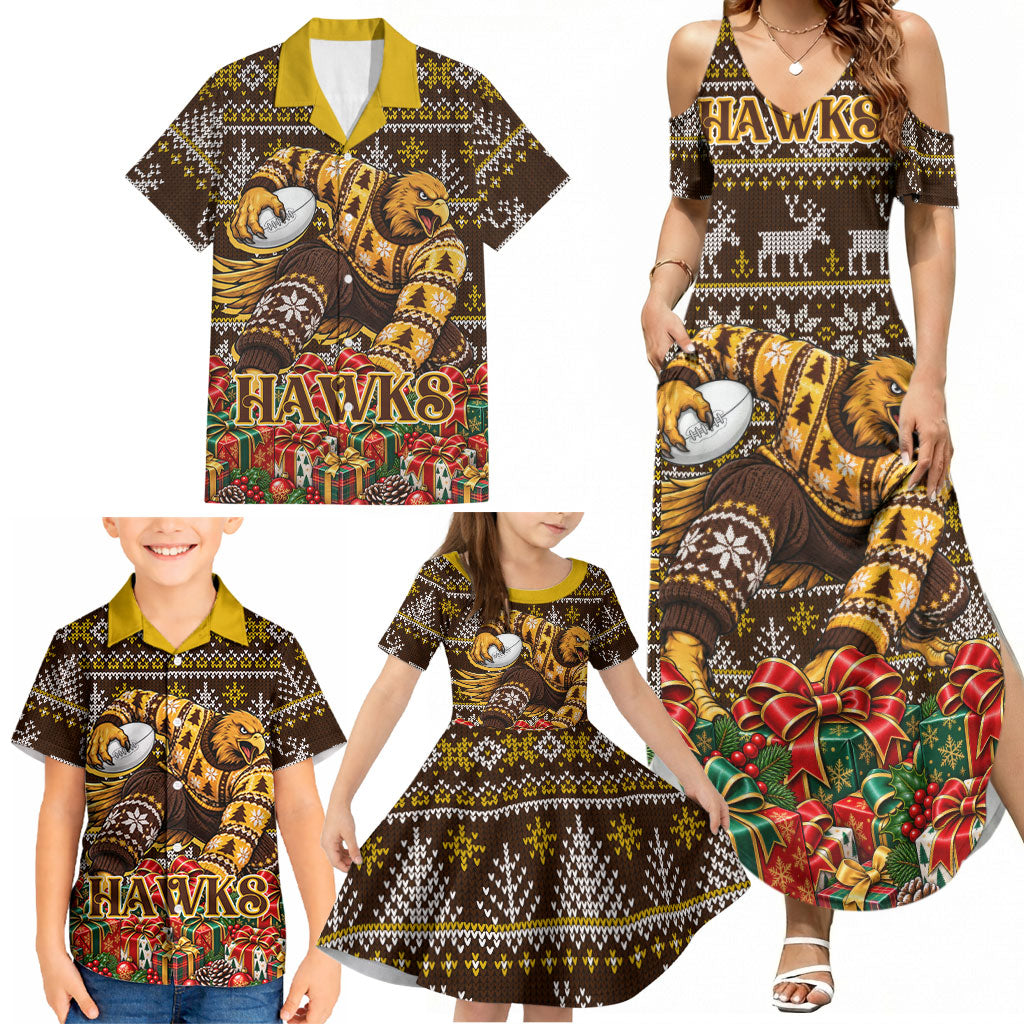 Personalized Hawks Football Christmas Family Matching Summer Maxi Dress and Hawaiian Shirt Australian Football Mascot - Ugly Xmas Pattern Festive