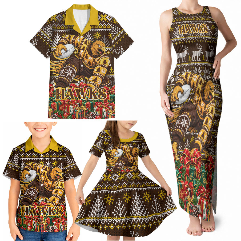 Personalized Hawks Football Christmas Family Matching Tank Maxi Dress and Hawaiian Shirt Australian Football Mascot - Ugly Xmas Pattern Festive