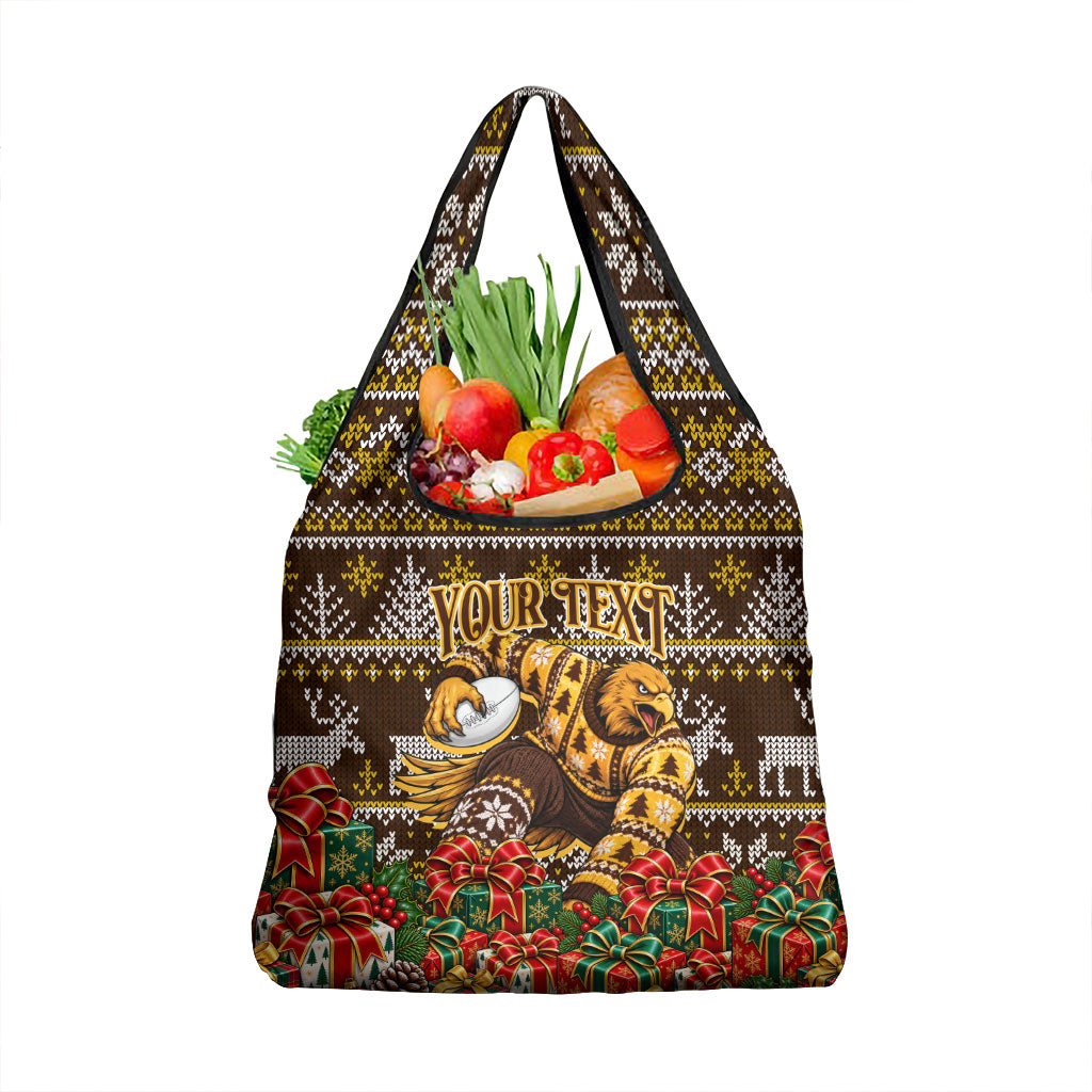 Personalized Hawks Football Christmas Grocery Bag Australian Football Mascot - Ugly Xmas Pattern Festive