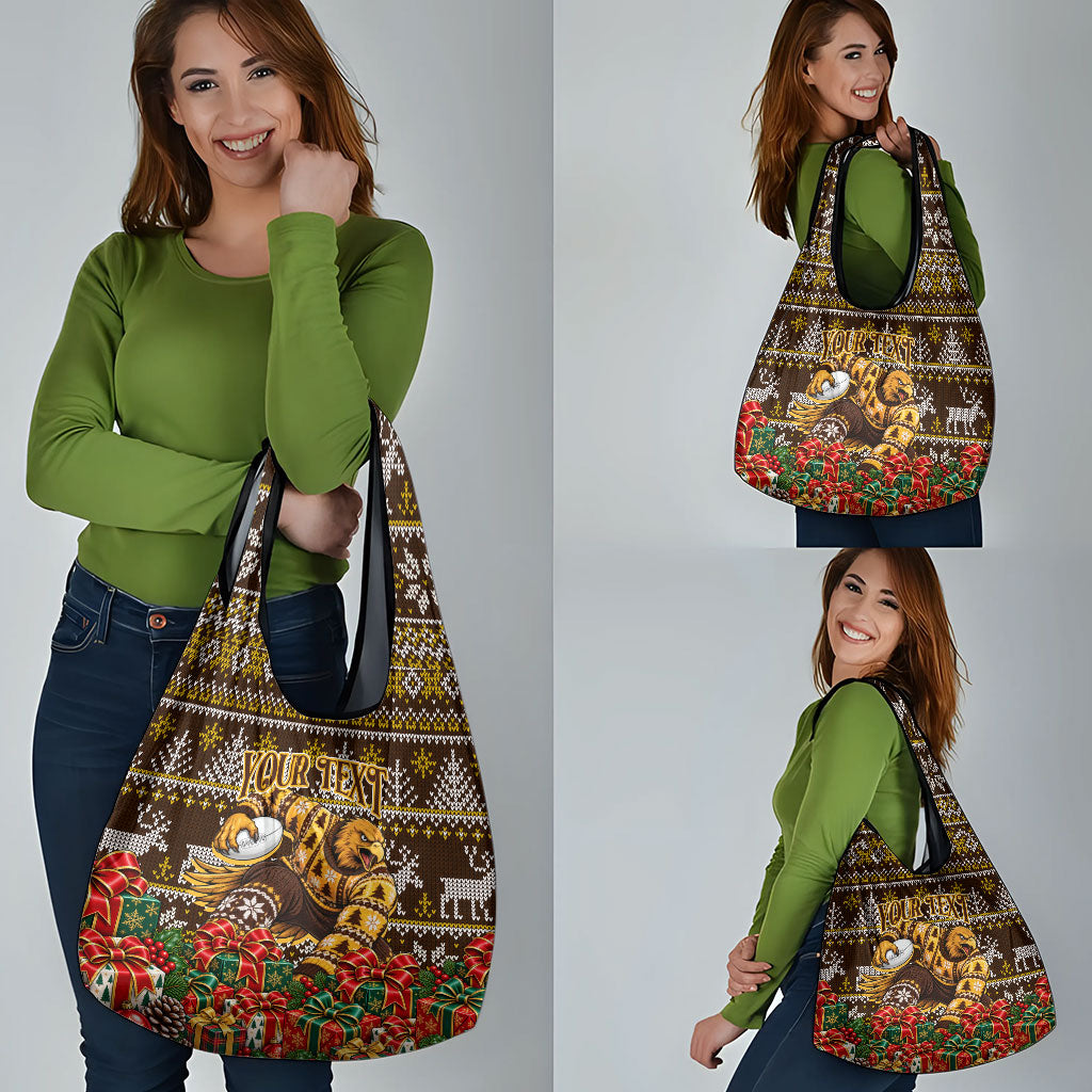 Personalized Hawks Football Christmas Grocery Bag Australian Football Mascot - Ugly Xmas Pattern Festive