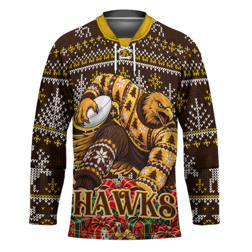 Personalized Hawks Football Christmas Hockey Jersey Australian Football Mascot - Ugly Xmas Pattern Festive