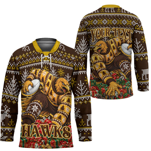 Personalized Hawks Football Christmas Hockey Jersey Australian Football Mascot - Ugly Xmas Pattern Festive